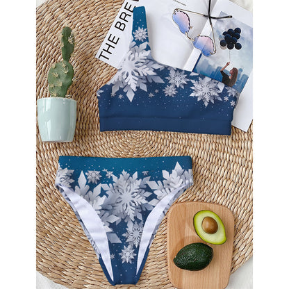 Christmas Snowflake Print One Shoulder Bikini Top