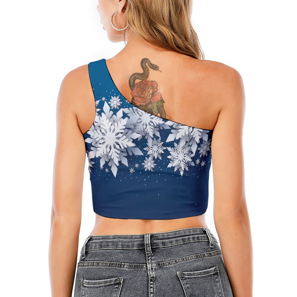 Christmas Snowflake Print One Shoulder Crop Top