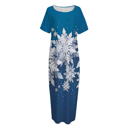 Christmas Snowflake Print Short Sleeve Long Nightdress