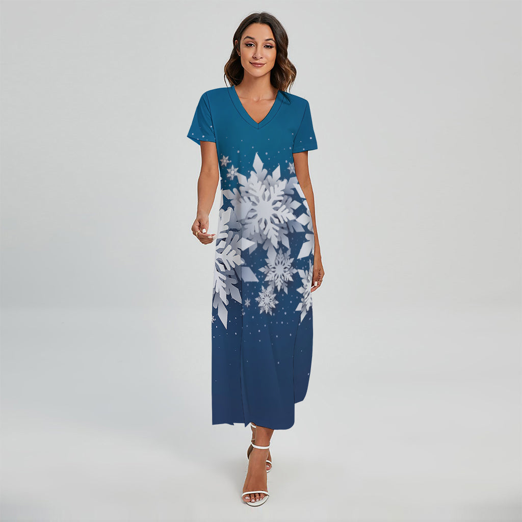 Christmas Snowflake Print Short Sleeve Maxi Dress