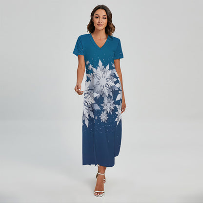 Christmas Snowflake Print Short Sleeve Maxi Dress