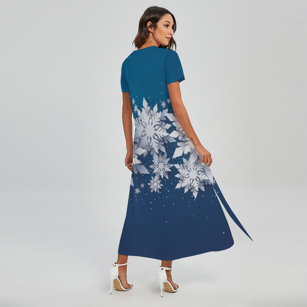 Christmas Snowflake Print Short Sleeve Maxi Dress