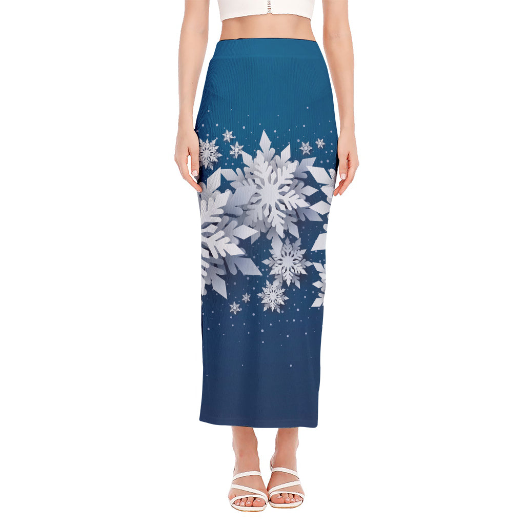 Christmas Snowflake Print Side Slit Maxi Skirt