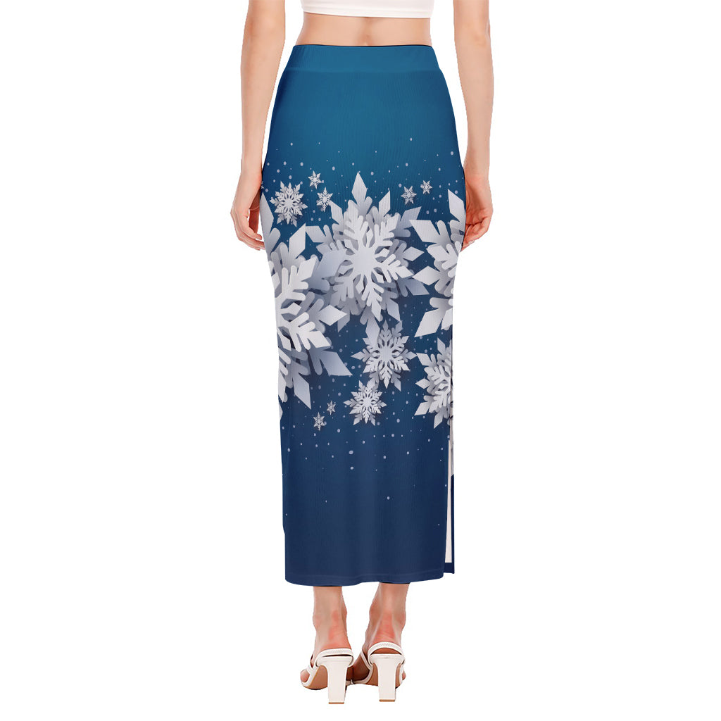 Christmas Snowflake Print Side Slit Maxi Skirt