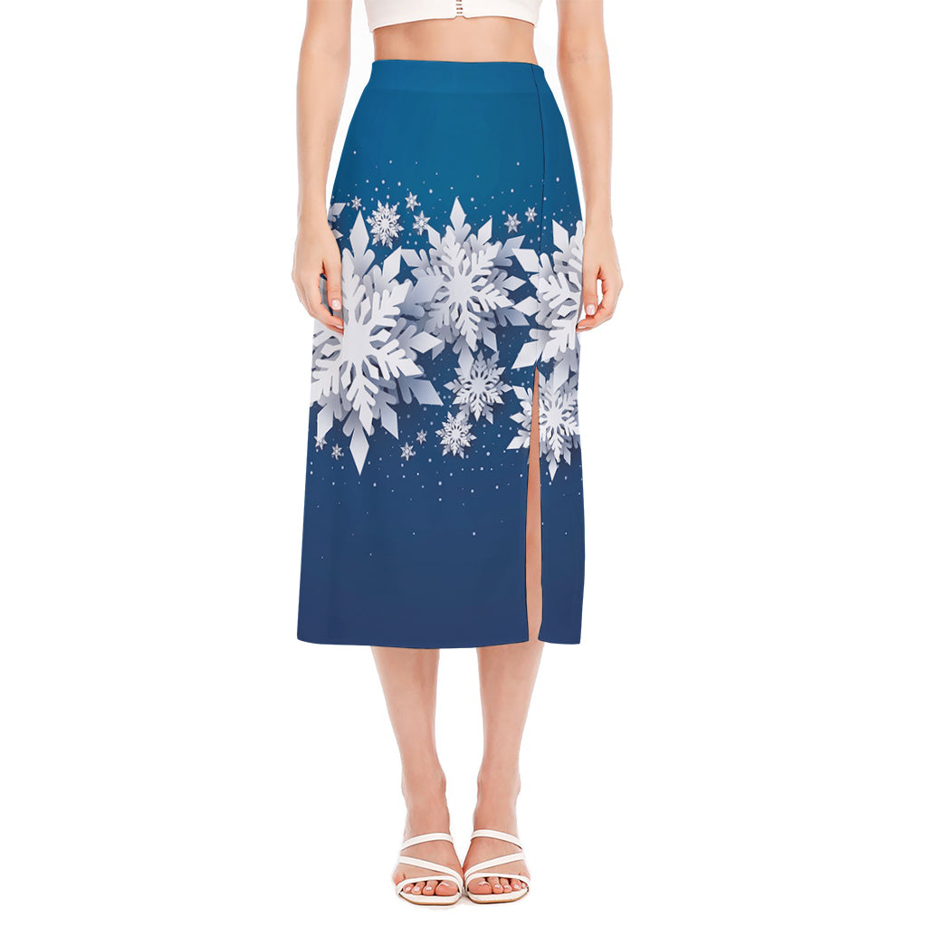 Christmas Snowflake Print Side Slit Midi Skirt