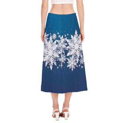Christmas Snowflake Print Side Slit Midi Skirt