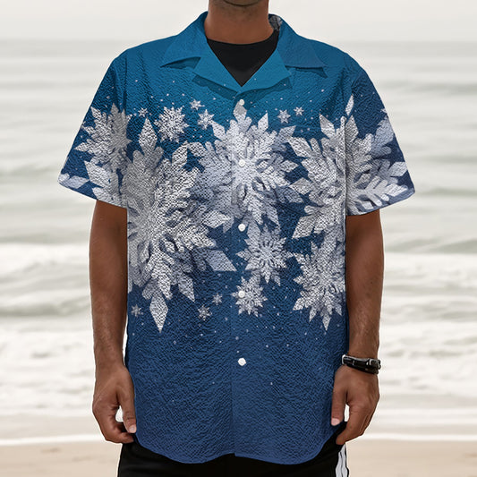 Christmas Snowflake Print Textured Short Sleeve Shirt