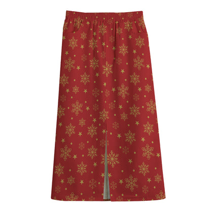 Christmas Snowflakes And Stars Print Cotton Front Slit Maxi Skirt