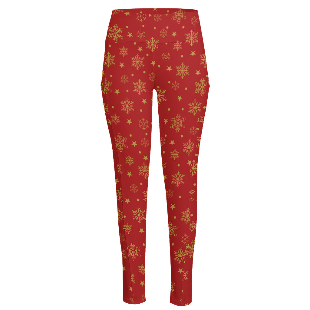 Christmas Snowflakes And Stars Print High-Waisted Pocket Leggings