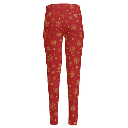 Christmas Snowflakes And Stars Print High-Waisted Pocket Leggings