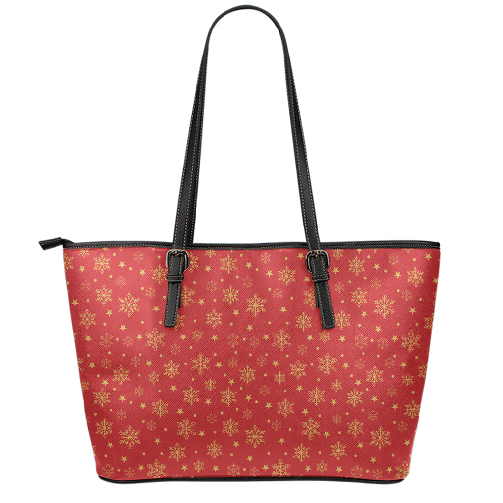 Christmas Snowflakes And Stars Print Leather Tote Bag