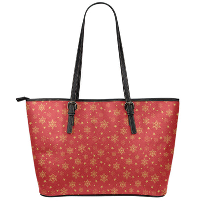 Christmas Snowflakes And Stars Print Leather Tote Bag