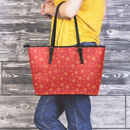 Christmas Snowflakes And Stars Print Leather Tote Bag
