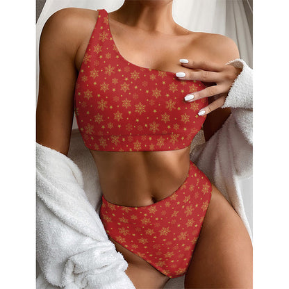 Christmas Snowflakes And Stars Print One Shoulder Bikini Top