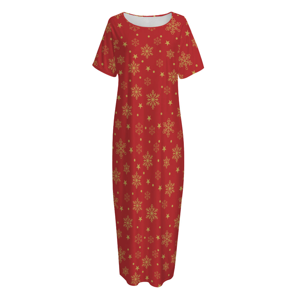 Christmas Snowflakes And Stars Print Short Sleeve Long Nightdress