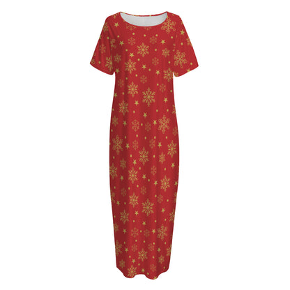 Christmas Snowflakes And Stars Print Short Sleeve Long Nightdress