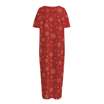 Christmas Snowflakes And Stars Print Short Sleeve Long Nightdress