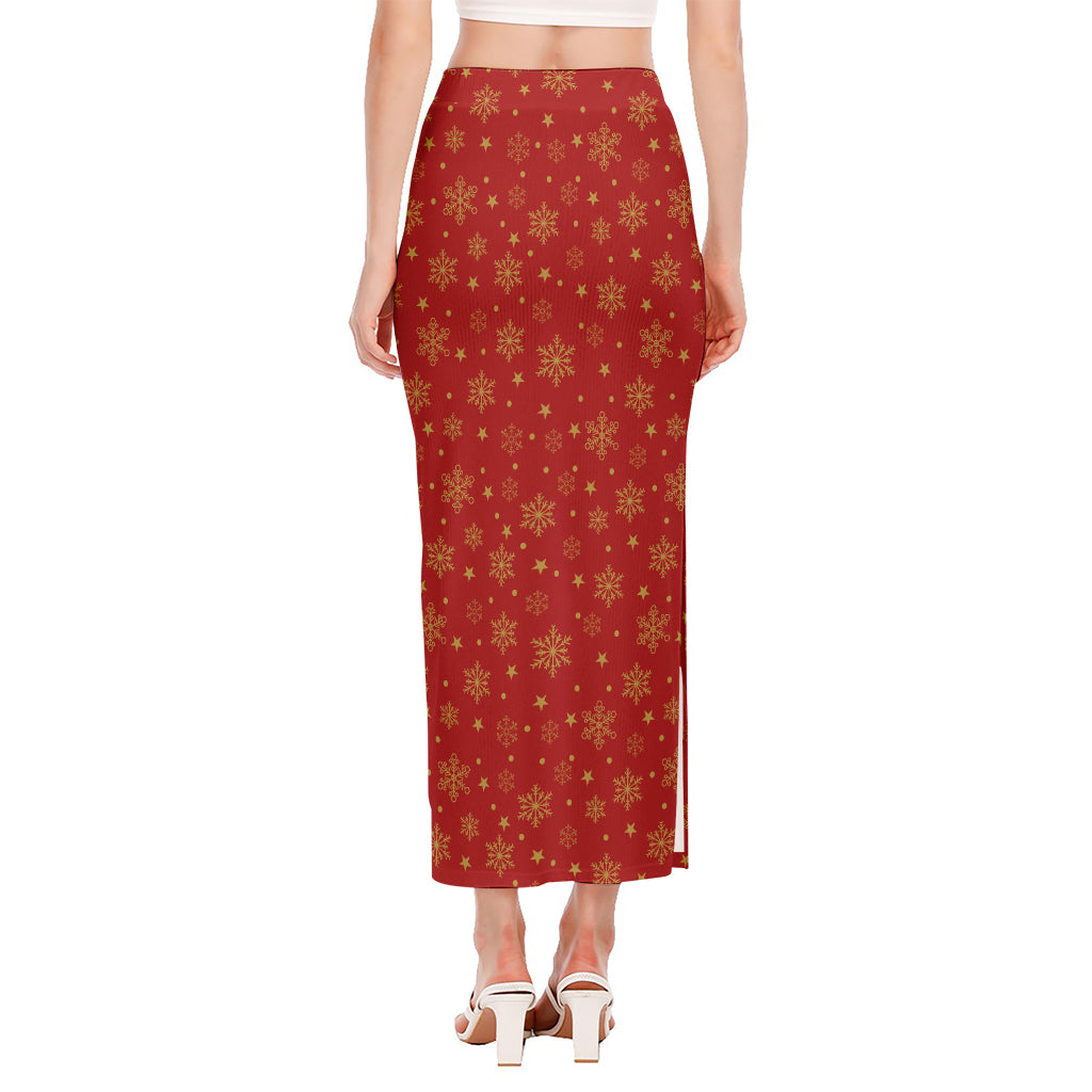 Christmas Snowflakes And Stars Print Side Slit Maxi Skirt