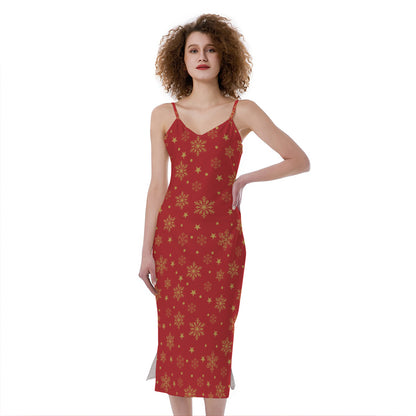 Christmas Snowflakes And Stars Print Slim Fit Midi Cami Dress