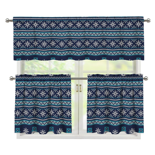 Christmas Snowman Knitted Pattern Print 3 Piece Kitchen Curtains