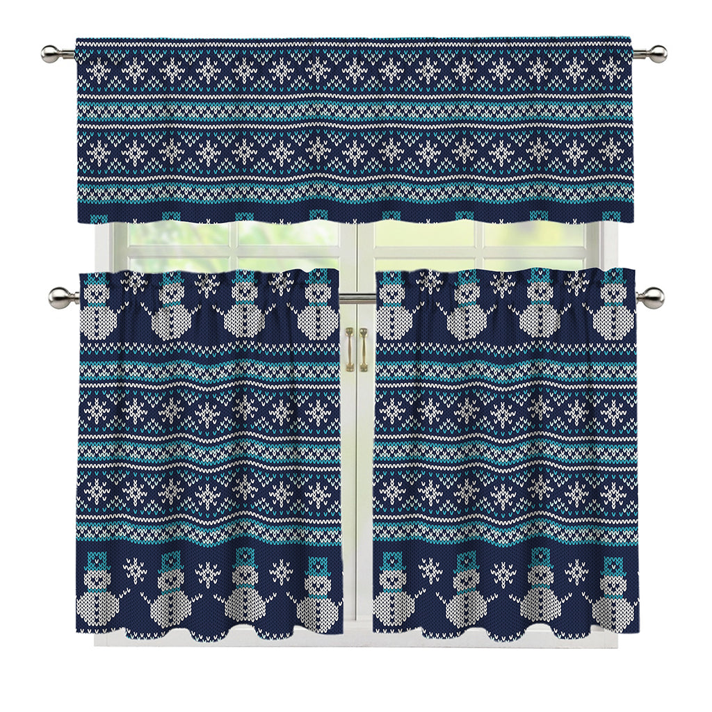 Christmas Snowman Knitted Pattern Print 3 Piece Kitchen Curtains
