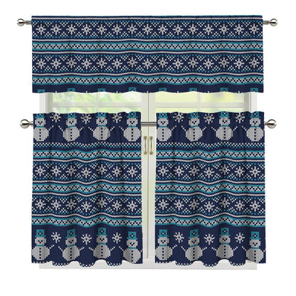 Christmas Snowman Knitted Pattern Print 3 Piece Kitchen Curtains
