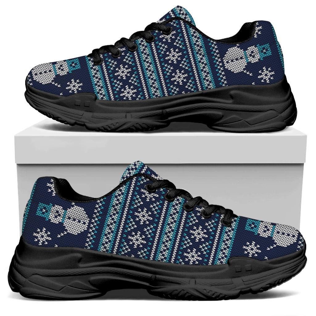 Christmas Snowman Knitted Pattern Print Black Chunky Shoes