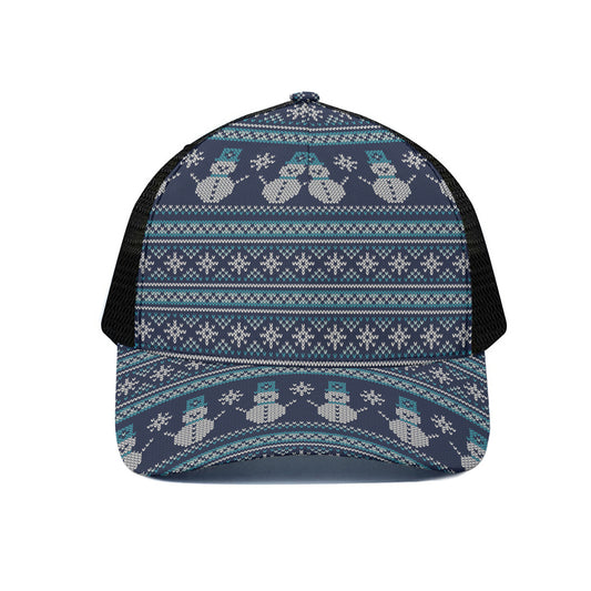 Christmas Snowman Knitted Pattern Print Black Mesh Trucker Cap