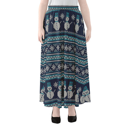 Christmas Snowman Knitted Pattern Print Chiffon Maxi Skirt