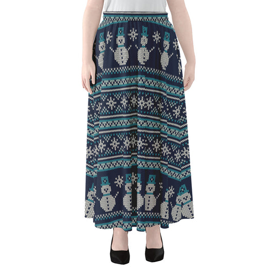 Christmas Snowman Knitted Pattern Print Chiffon Maxi Skirt