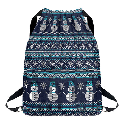 Christmas Snowman Knitted Pattern Print Drawstring Backpack