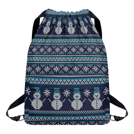 Christmas Snowman Knitted Pattern Print Drawstring Backpack