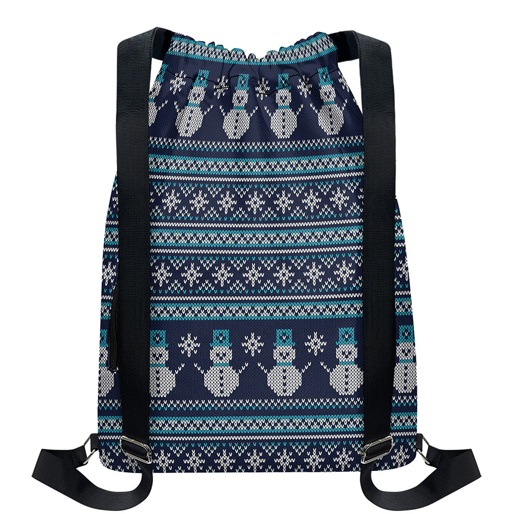 Christmas Snowman Knitted Pattern Print Drawstring Backpack