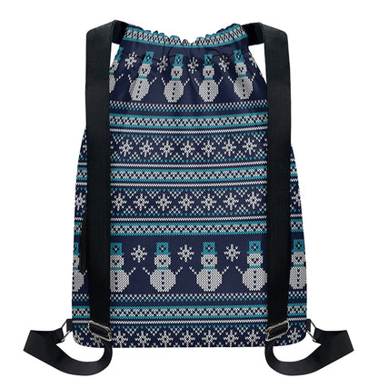 Christmas Snowman Knitted Pattern Print Drawstring Backpack