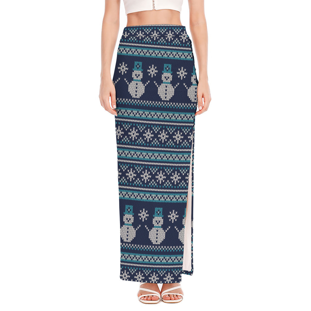 Christmas Snowman Knitted Pattern Print High Slit Maxi Skirt