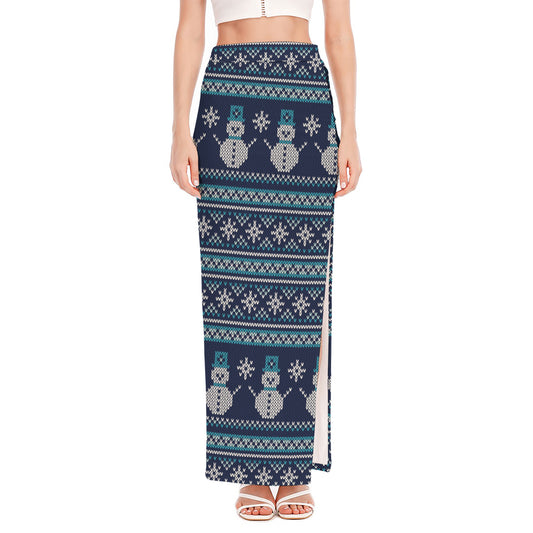 Christmas Snowman Knitted Pattern Print High Slit Maxi Skirt