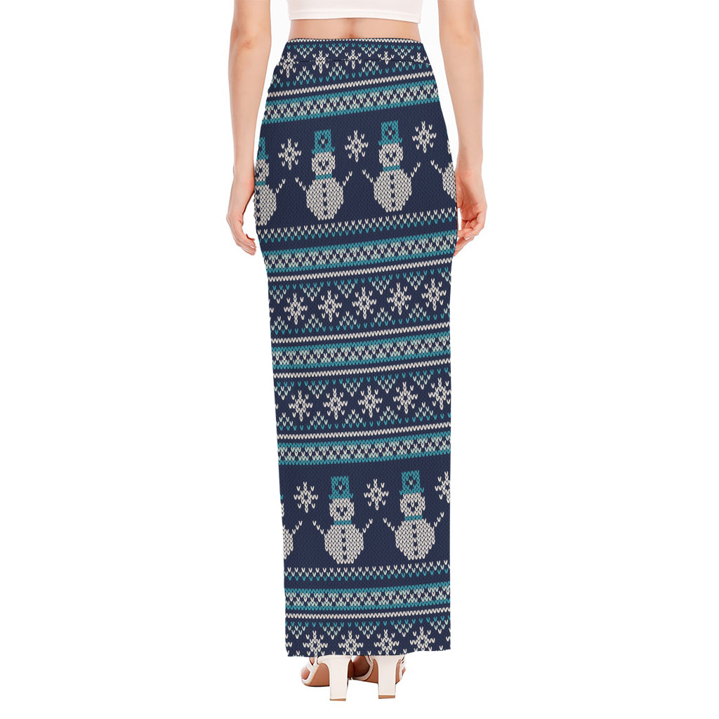 Christmas Snowman Knitted Pattern Print High Slit Maxi Skirt