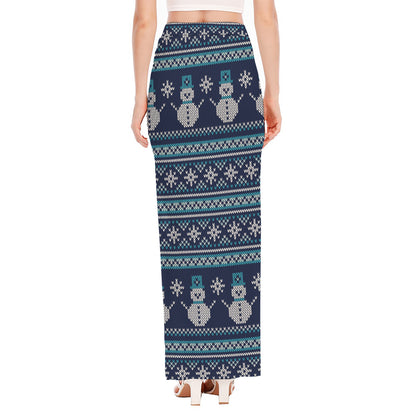 Christmas Snowman Knitted Pattern Print High Slit Maxi Skirt