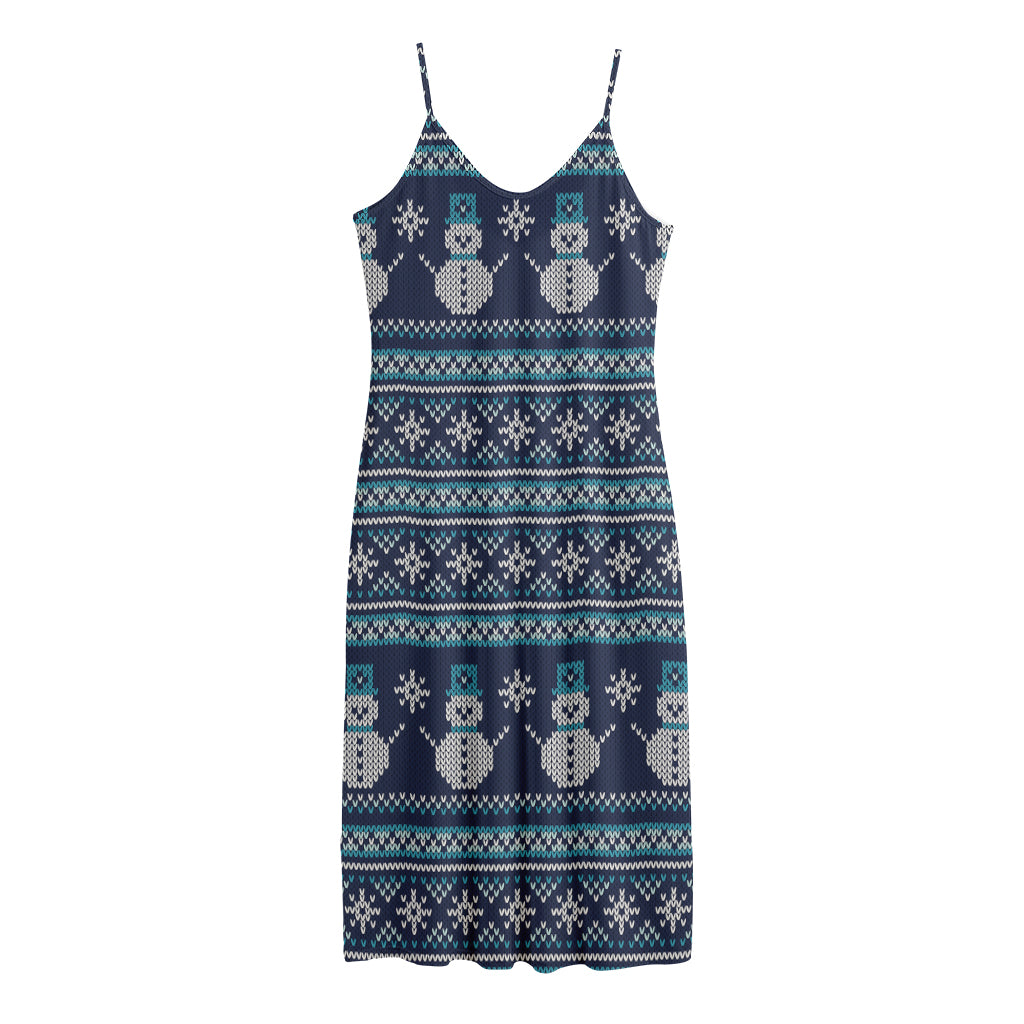Christmas Snowman Knitted Pattern Print Jersey Midi Cami Dress