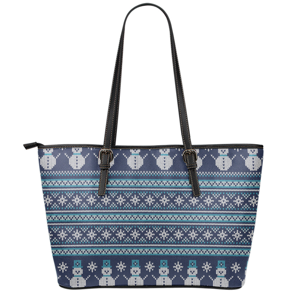 Christmas Snowman Knitted Pattern Print Leather Tote Bag
