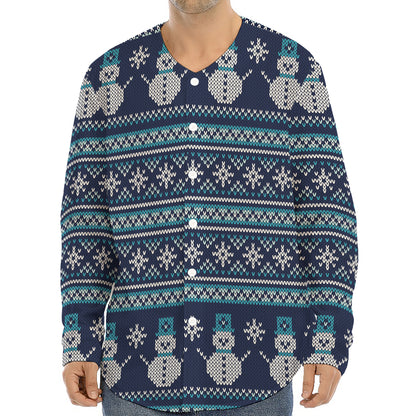 Christmas Snowman Knitted Pattern Print Long Sleeve Baseball Jersey