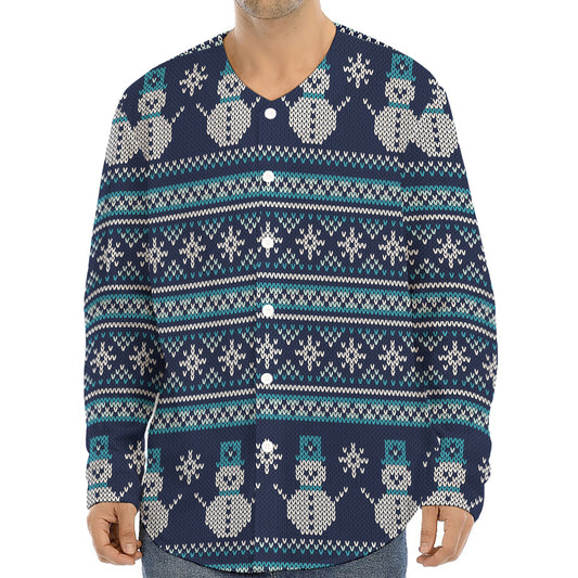 Christmas Snowman Knitted Pattern Print Long Sleeve Baseball Jersey