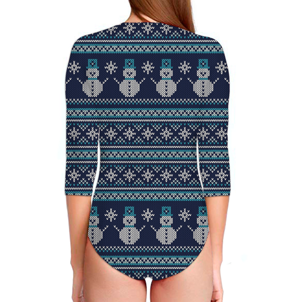 Christmas Snowman Knitted Pattern Print Long Sleeve Swimsuit