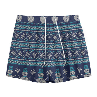 Christmas Snowman Knitted Pattern Print Mesh Shorts