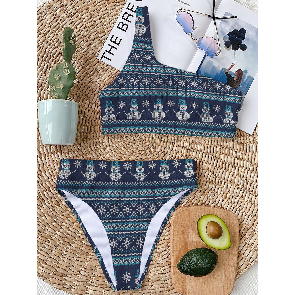 Christmas Snowman Knitted Pattern Print One Shoulder Bikini Top