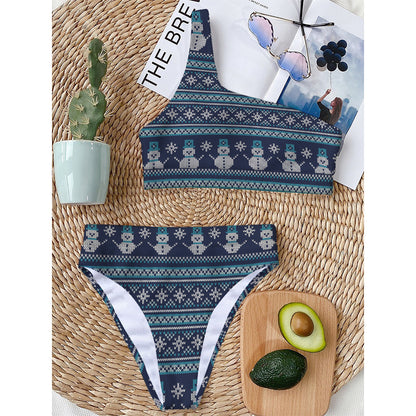 Christmas Snowman Knitted Pattern Print One Shoulder Bikini Top