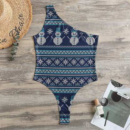 Christmas Snowman Knitted Pattern Print One Shoulder Bodysuit