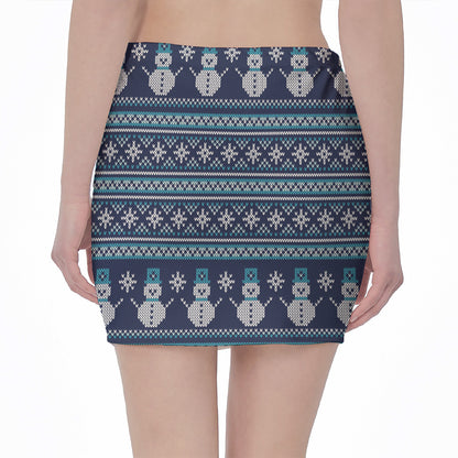 Christmas Snowman Knitted Pattern Print Pencil Mini Skirt