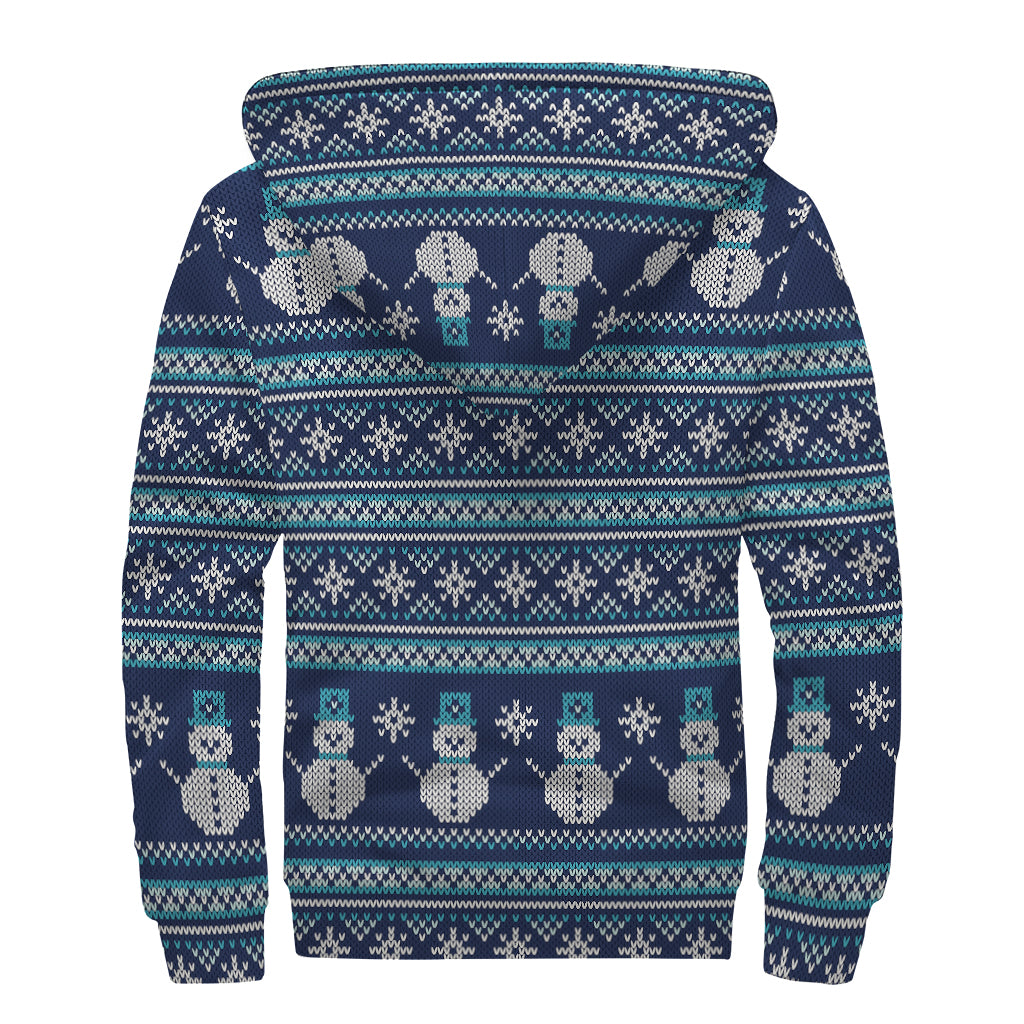 Christmas Snowman Knitted Pattern Print Sherpa Lined Zip Up Hoodie
