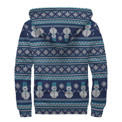 Christmas Snowman Knitted Pattern Print Sherpa Lined Zip Up Hoodie